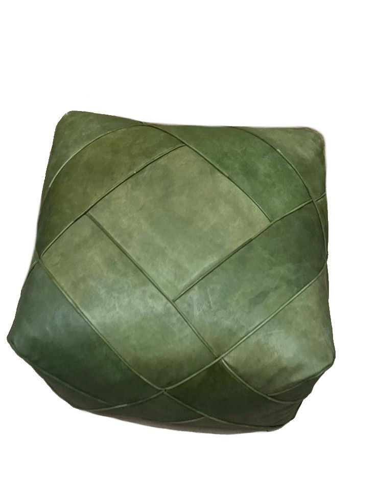 Moroccan Leather Ottoman - Zellige Mosaic Design - Olive Green