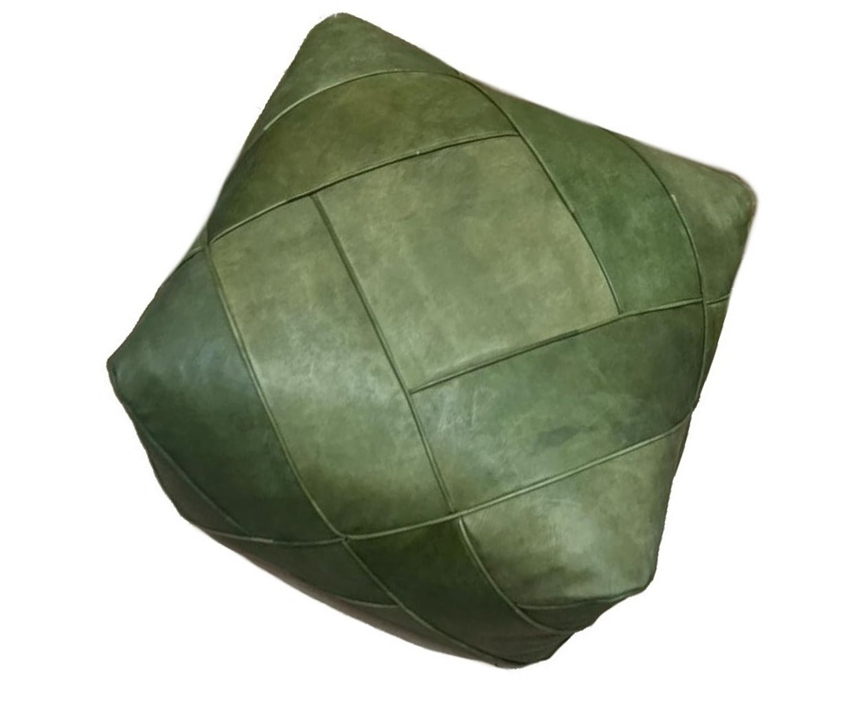 Moroccan Leather Ottoman - Zellige Mosaic Design - Olive Green