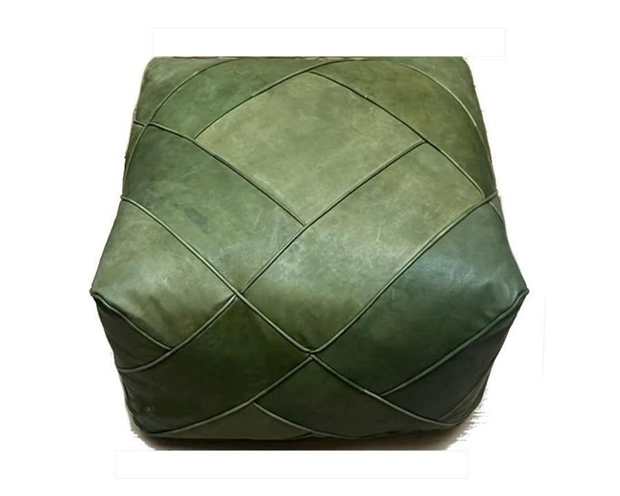 Moroccan Leather Ottoman - Zellige Mosaic Design - Olive Green