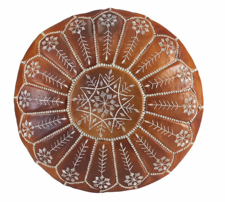 Moroccan Leather Ottoman - Arch Design - Brown Caramel