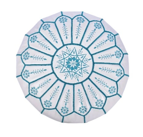 Moroccan Leather Ottoman - Arch Design - White with Turquoise Threads