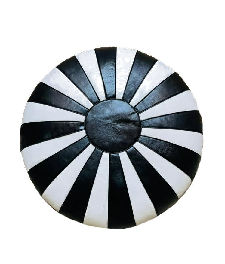 Moroccan Leather Ottoman - Pumpkin Design - Black and White