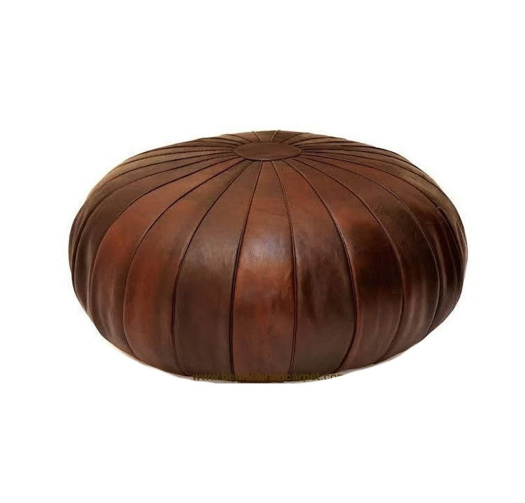 Moroccan Leather Ottoman - Pumpkin Design - Brown