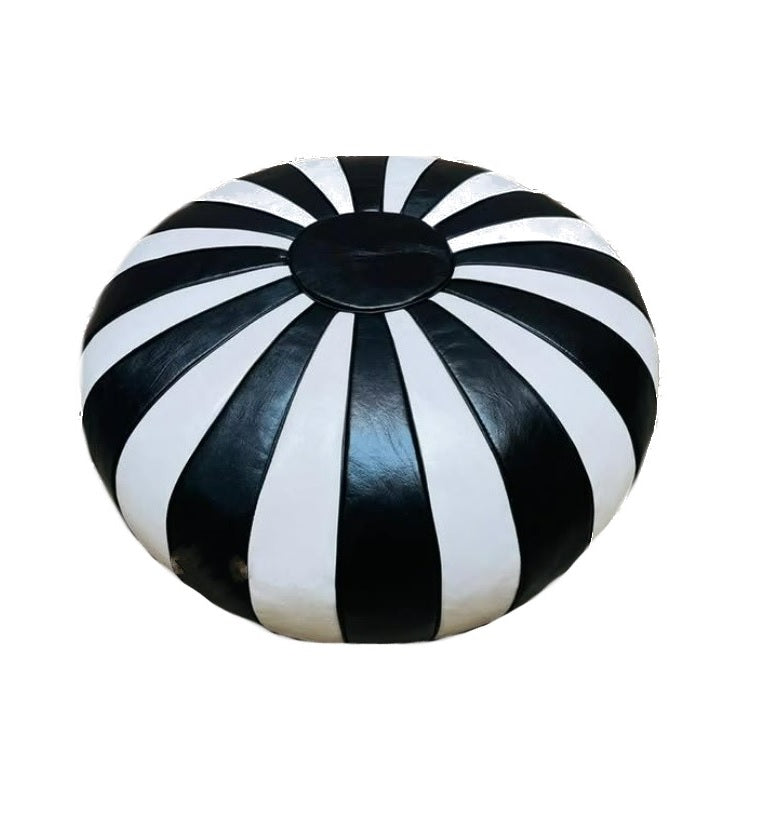 Moroccan Leather Ottoman - Pumpkin Design - Black and White