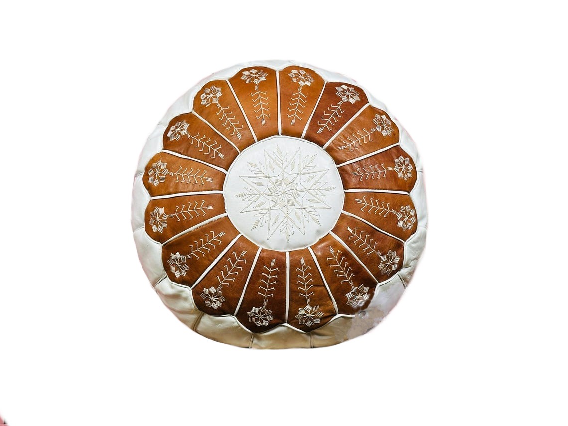 Dual Color Moroccan Leather Ottoman - Arch Design - White and Tan