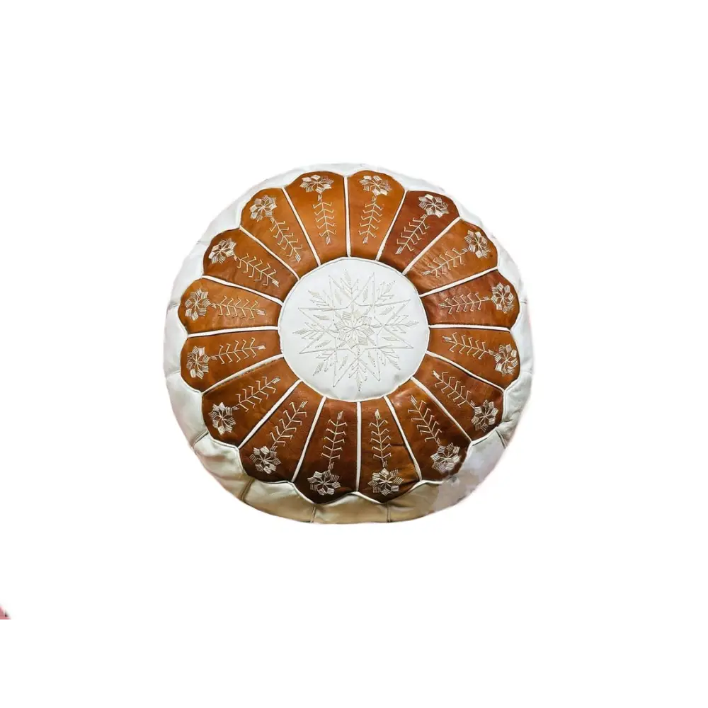 Dual Color Moroccan Leather Ottoman - Arch Design - White and Tan