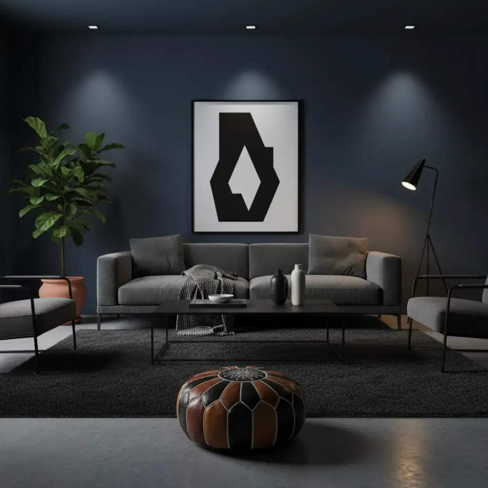 Moroccan Leather Ottoman in Dark Living Room