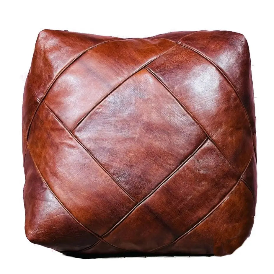 Moroccan Leather Ottoman - Zellige Mosaic Design - Brown Caramel