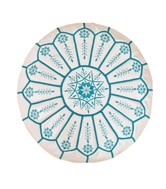 Moroccan Leather Ottoman - Arch Design - White with Turquoise Threads