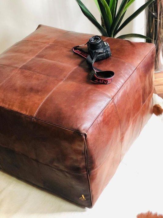 Moroccan Leather Large Ottoman - Square - Light Brown - Chessboard