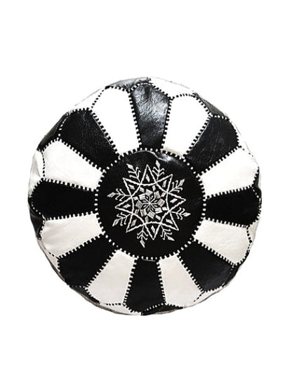 Dual Color Moroccan Leather Ottoman - Traditional Design - Black and White