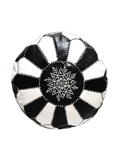 Dual Color Moroccan Leather Ottoman - Traditional Design - Black and White