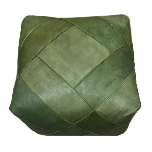 Moroccan Leather Ottoman - Zellige Mosaic Design - Olive Green