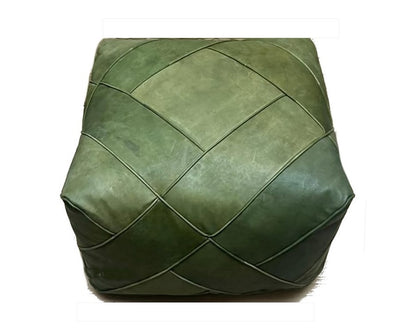 Moroccan Leather Ottoman - Zellige Mosaic Design - Olive Green