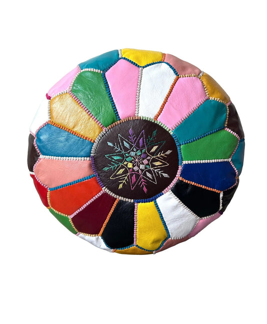 Multi Color Moroccan Leather Ottoman - Traditional Design