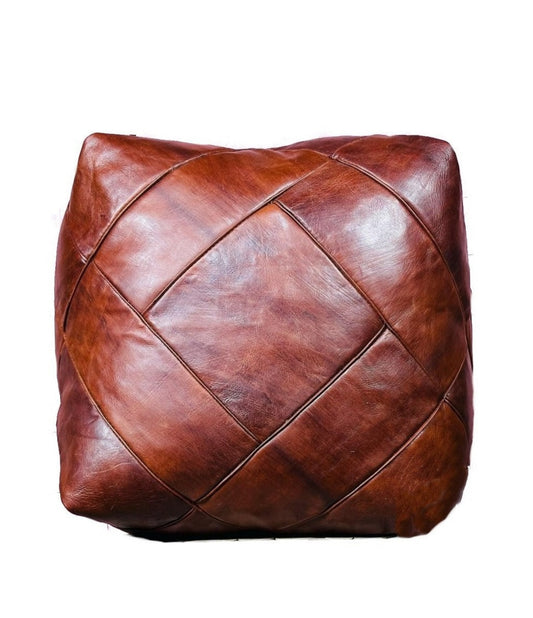 Moroccan Leather Ottoman - Zellige Mosaic Design - Brown Caramel