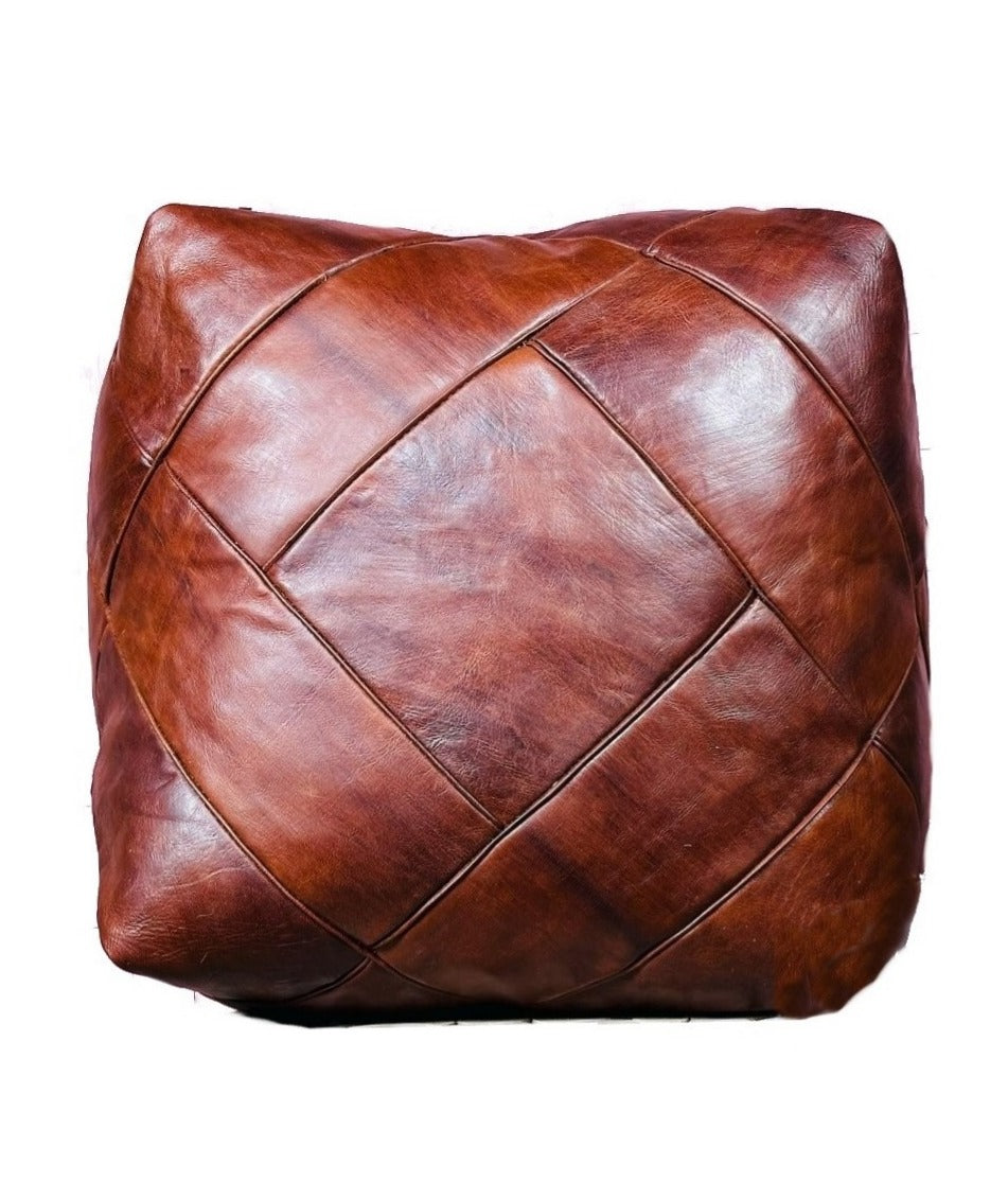 Moroccan Leather Ottoman - Zellige Mosaic Design - Brown Caramel