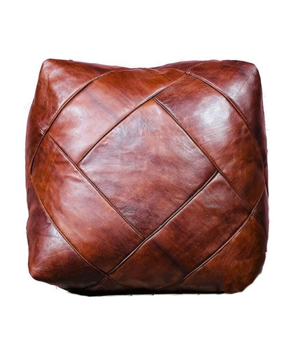 Moroccan Leather Ottoman - Zellige Mosaic Design - Brown Caramel