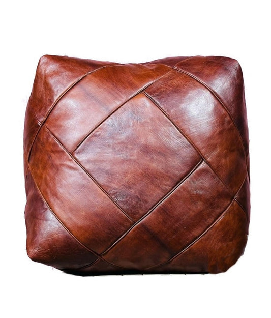 Moroccan Leather Ottoman - Zellige Mosaic Design - Brown Caramel