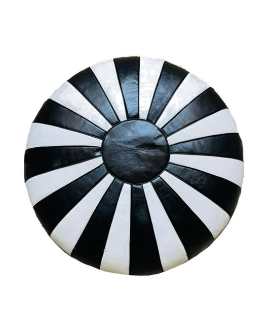 Moroccan Leather Ottoman - Pumpkin Design - Black and White