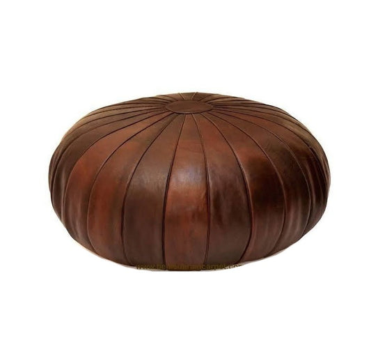 Moroccan Leather Ottoman - Pumpkin Design - Brown