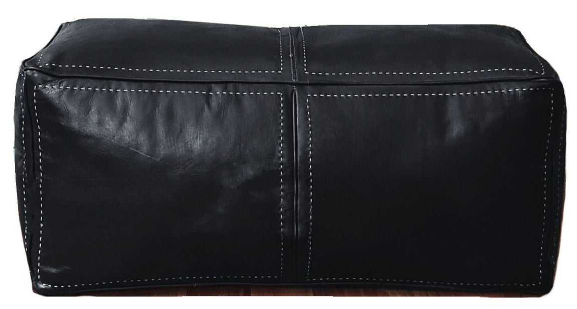 Moroccan Leather Large Ottoman - Rectangular - Black - Salwa