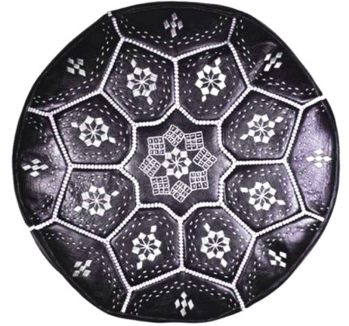 Moroccan Leather Tile Ottoman - Black