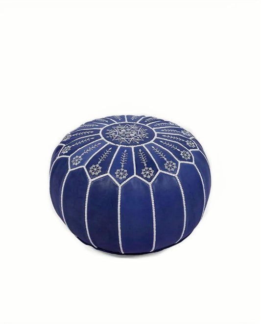 Moroccan Leather Ottoman - Arch Design - Blue with Beige Threads