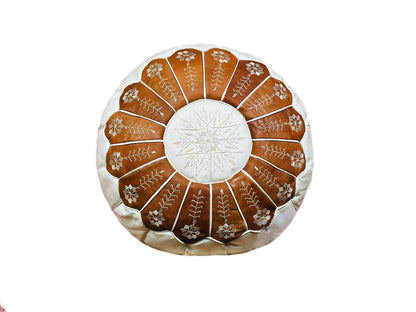 Dual Color Moroccan Leather Ottoman - Arch Design - White and Tan