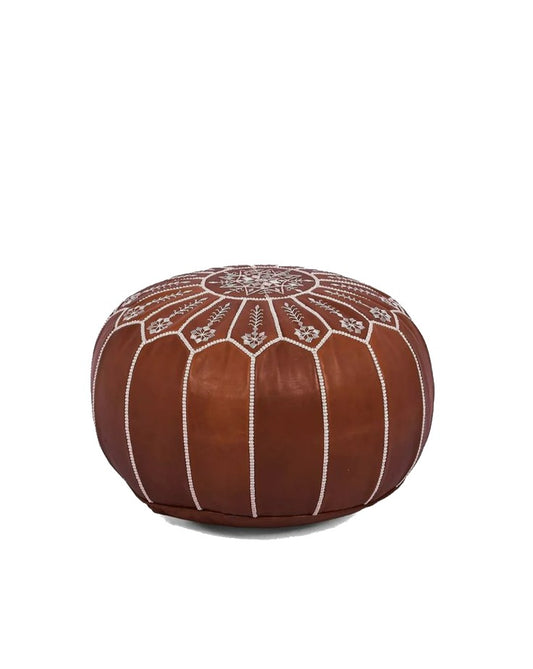 Moroccan Leather Ottoman - Arch Design - Brown Caramel
