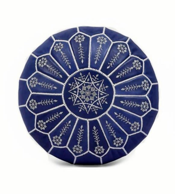 Moroccan Leather Ottoman - Arch Design - Blue with Beige Threads
