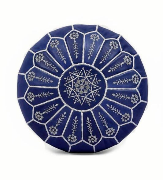 Moroccan Leather Ottoman - Arch Design - Blue with Beige Threads
