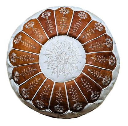 Dual Color Moroccan Leather Ottoman - Arch Design - White and Tan