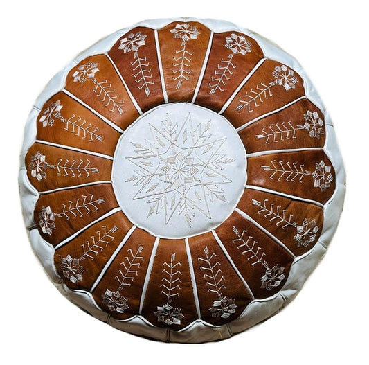 Dual Color Moroccan Leather Ottoman - Arch Design - White and Tan