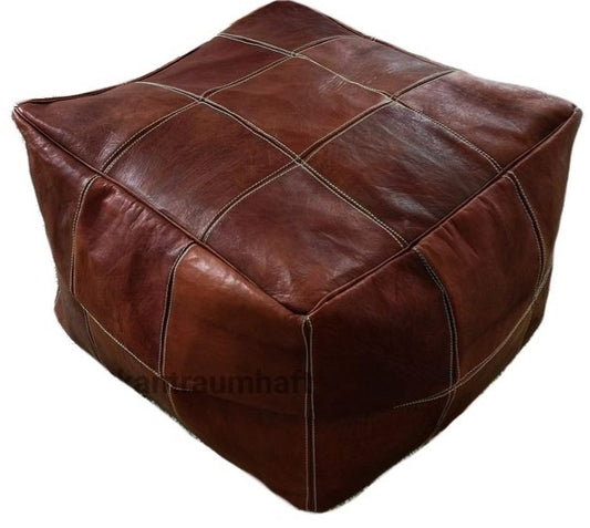 Moroccan Leather Large Ottoman - Square - Brown - Chessboard