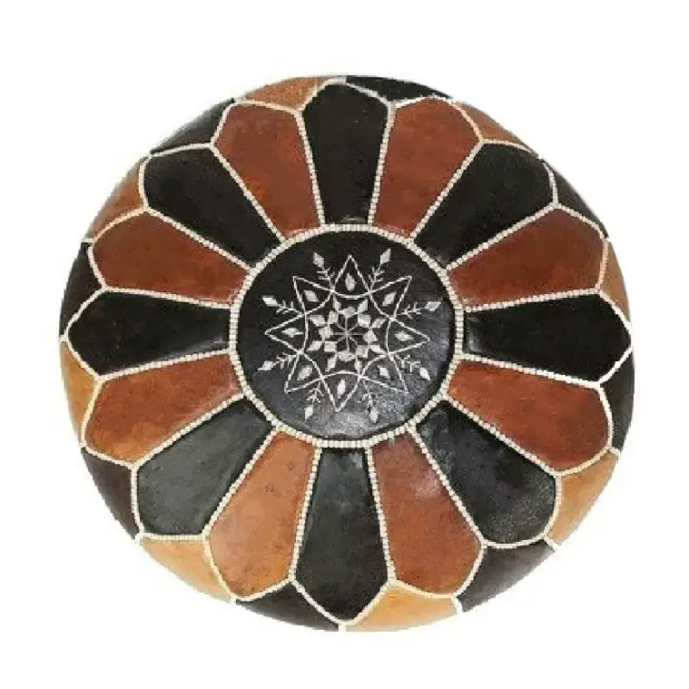 Dual Color Moroccan Leather Ottoman - Traditional Design - Black and Tan