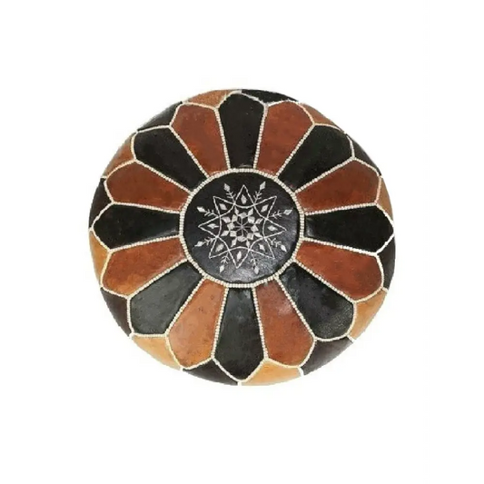 Dual Color Moroccan Leather Ottoman - Traditional Design - Black and Tan