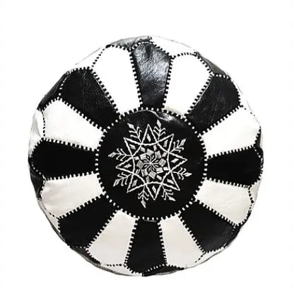 Dual Color Moroccan Leather Ottoman - Traditional Design - Black and White