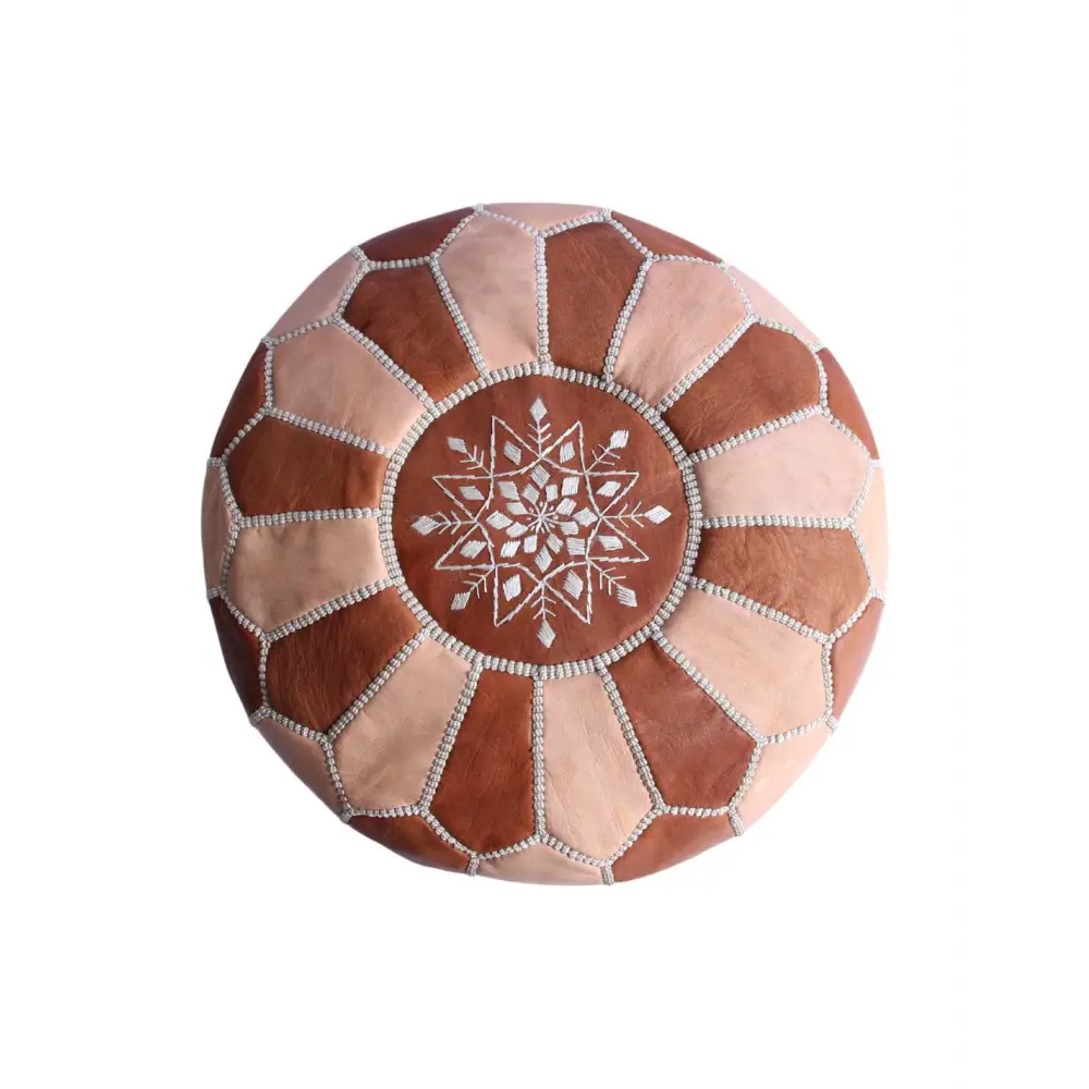 Dual Color Moroccan Leather Ottoman - Traditional Design - Natural and Caramel