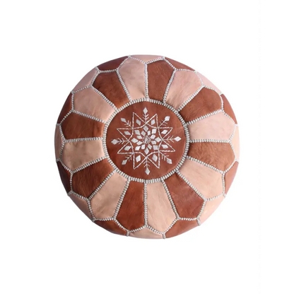 Dual Color Moroccan Leather Ottoman - Traditional Design - Natural and Caramel