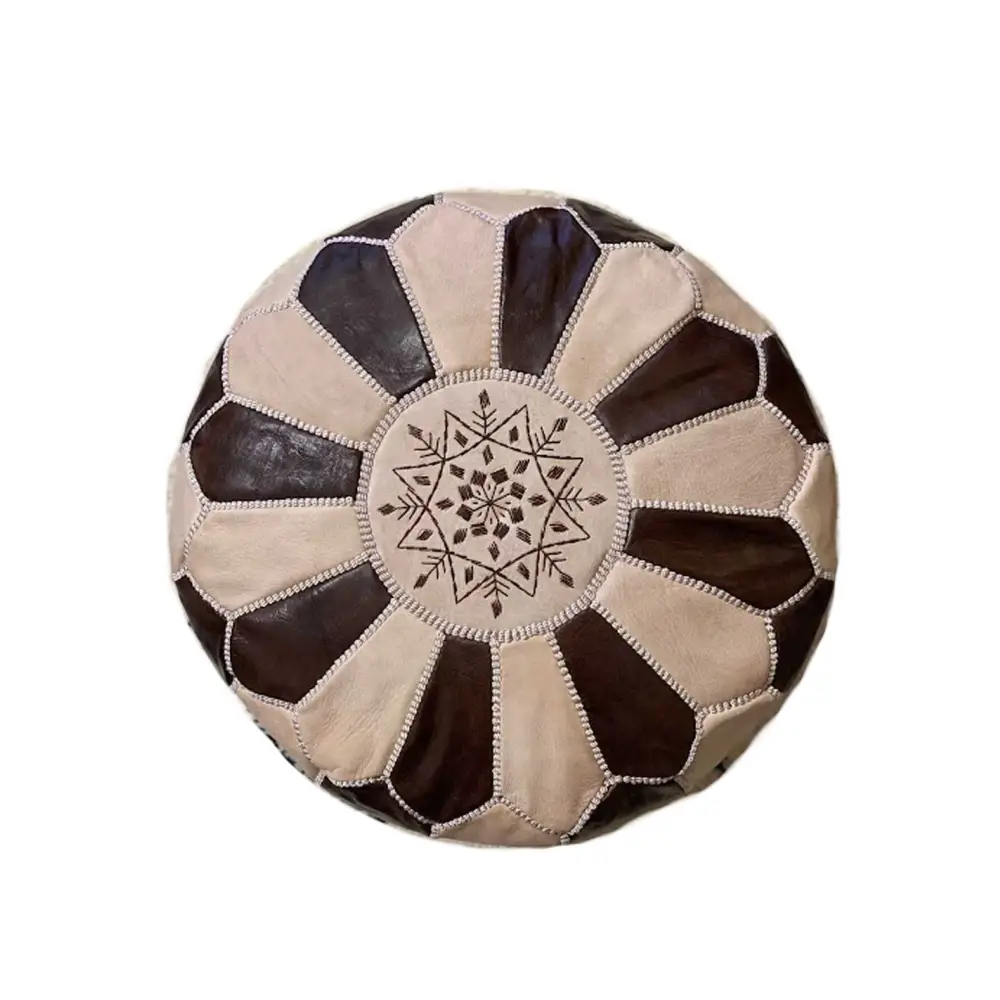 Dual Color Moroccan Leather Ottoman - Traditional Design - Natural and Brown