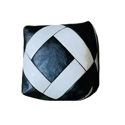 Dual Color Moroccan Leather Ottoman - Zellige Mosaic Design - Black and White