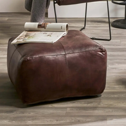 Moroccan Leather Large Ottoman - Square - Brown - Coffee Table