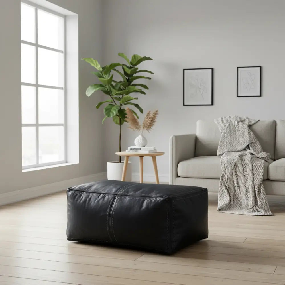 Rectangular Black Leather Ottoman - Scandinavian Living Room