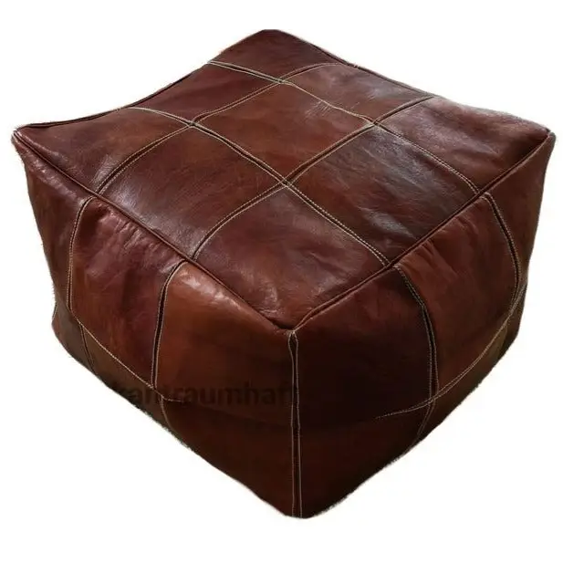 Moroccan Leather Large Ottoman - Square - Brown - Chessboard