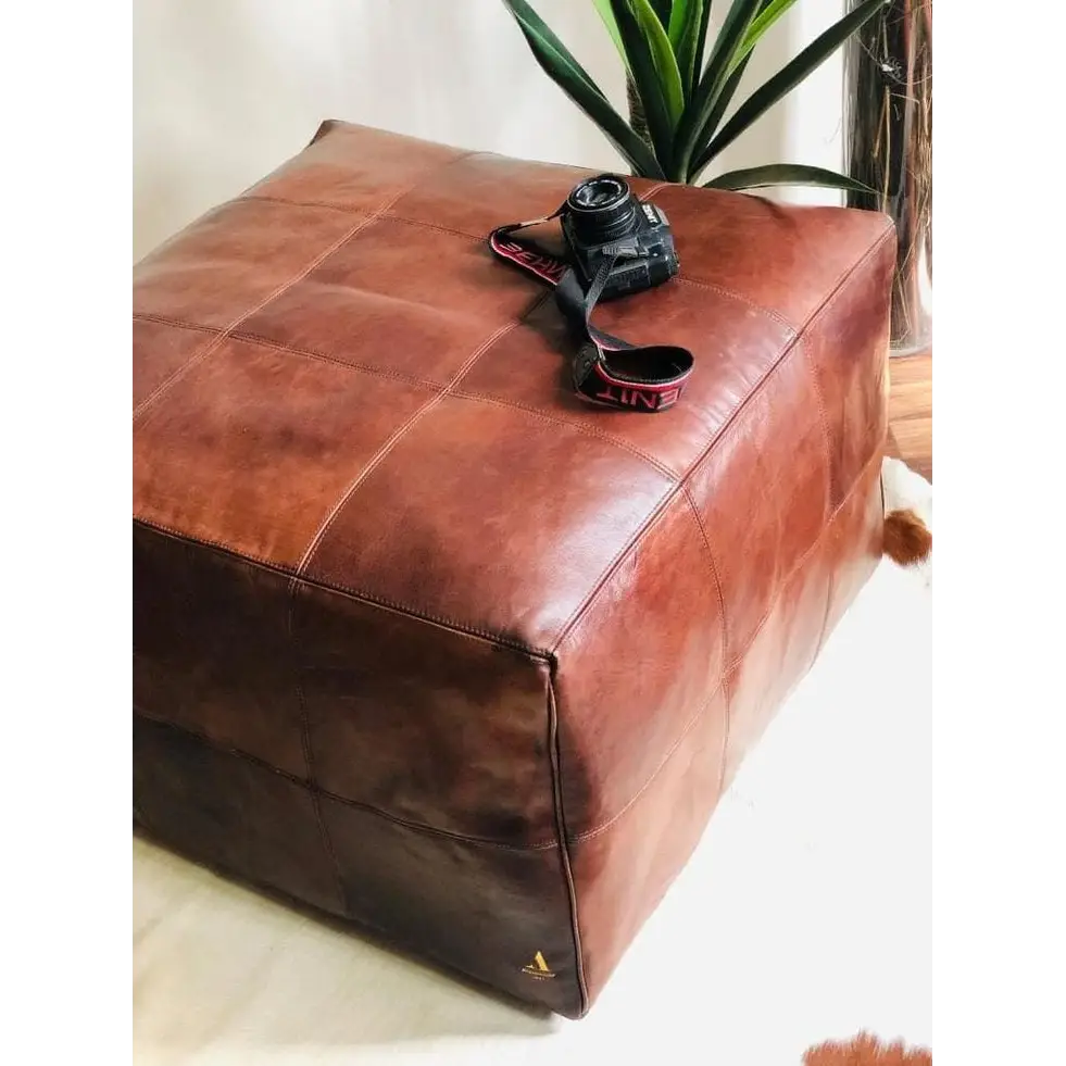 Moroccan Leather Large Ottoman - Square - Light Brown - Chessboard