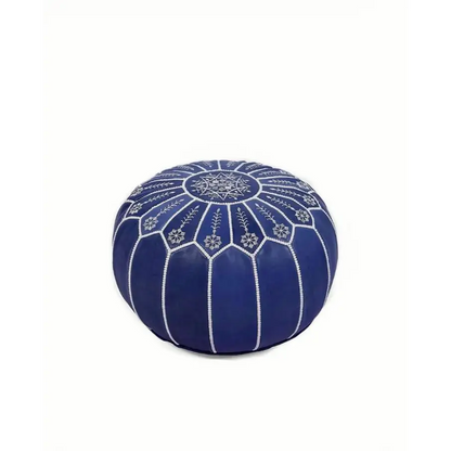 Moroccan Leather Ottoman - Arch Design - Blue with Beige Threads