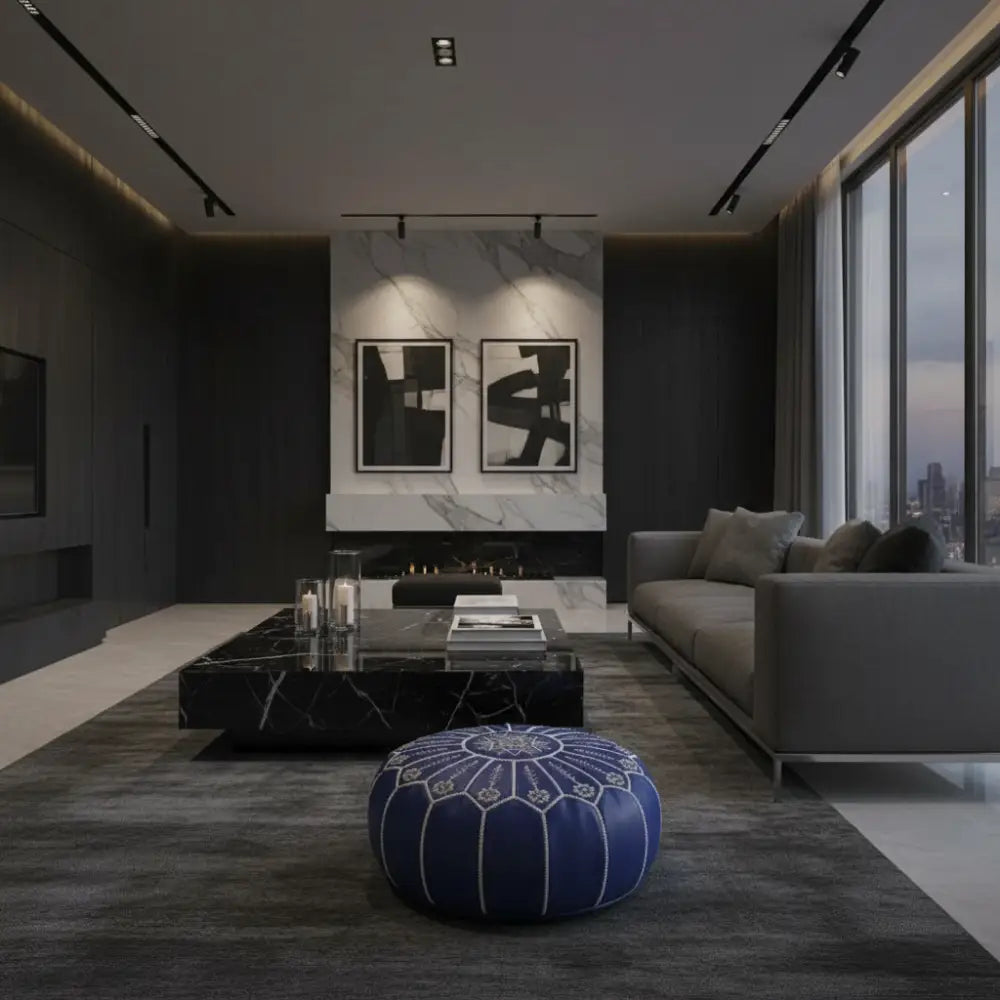 Moroccan Leather Ottoman - Luxurious Dark Modern Decor