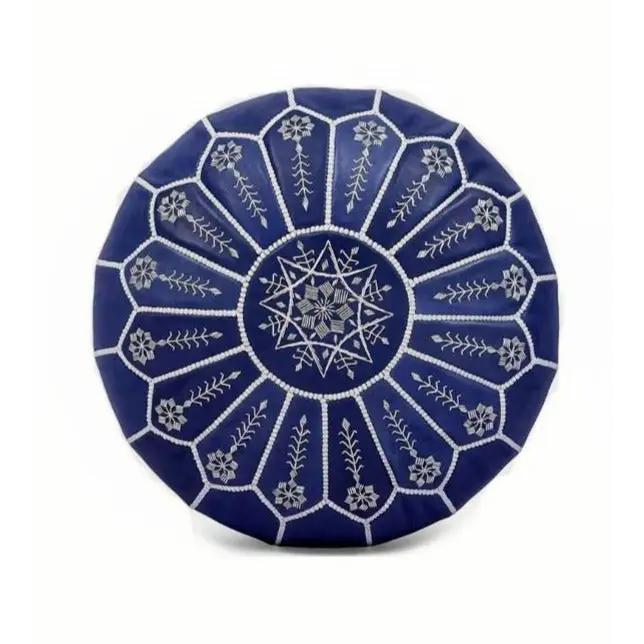 Moroccan Leather Ottoman - Arch Design - Blue with Beige Threads
