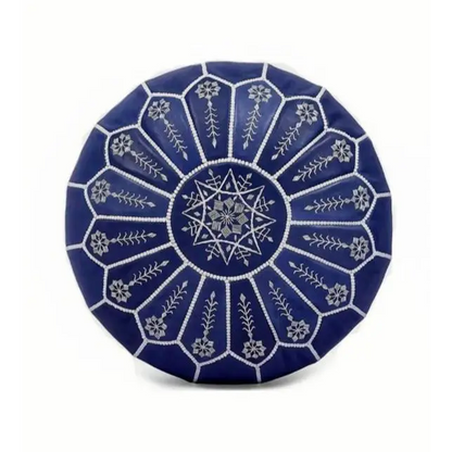 Moroccan Leather Ottoman - Arch Design - Blue with Beige Threads